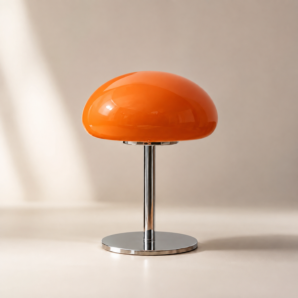 Lampe de table à abat-jour orange en forme de dôme, base chromée ronde