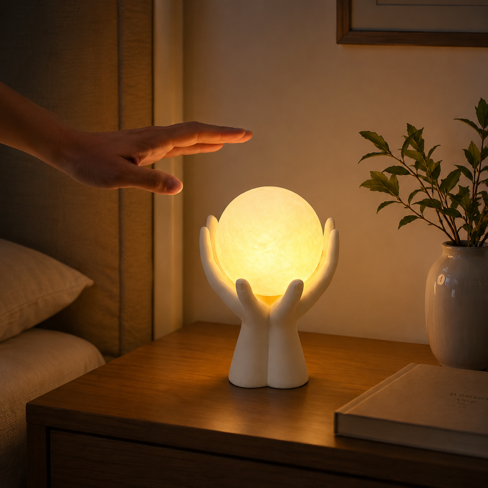 Veilleuse figurine en résine blanche, mains ouvertes autour d’une sphère lumineuse