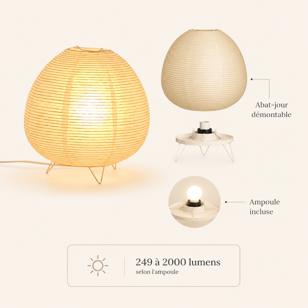 Lampe Wabi : abat-jour sphérique en fibres claires, socle et ampoule visibles