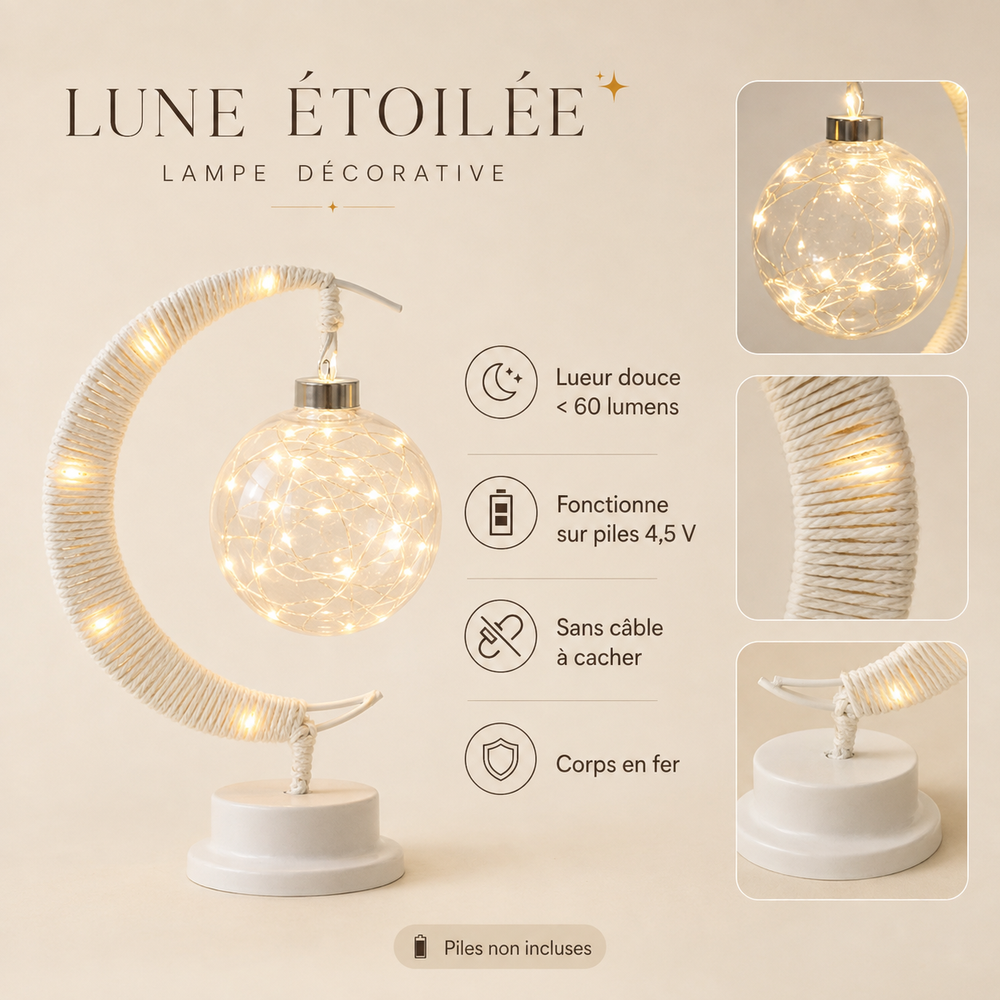 Veilleuse Séléné en forme de croissant avec globe en verre lumineux et corde tressée.