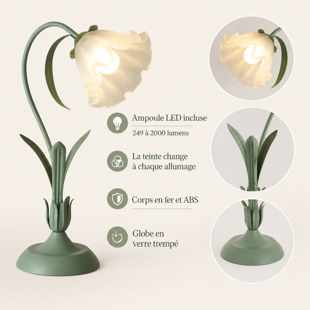 Lampe : abat-jour blanc ondulé, tige verte sinueuse et base vert olive
