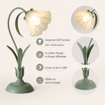 Lampe : abat-jour blanc ondulé, tige verte sinueuse et base vert olive