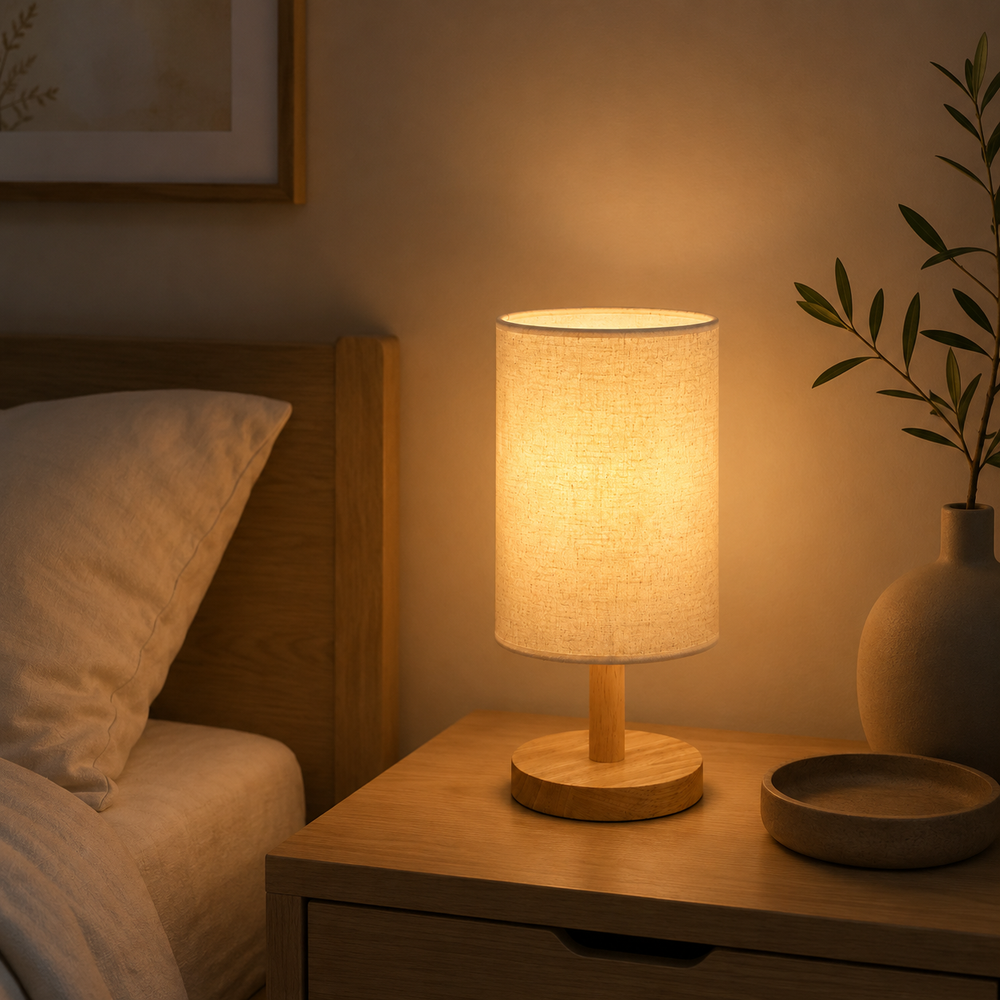 Lampe de table à abat-jour en tissu beige et socle rond en bois clair
