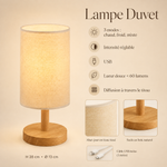 Lampe de table abat-jour cylindrique tissu beige, socle bois clair, prise USB