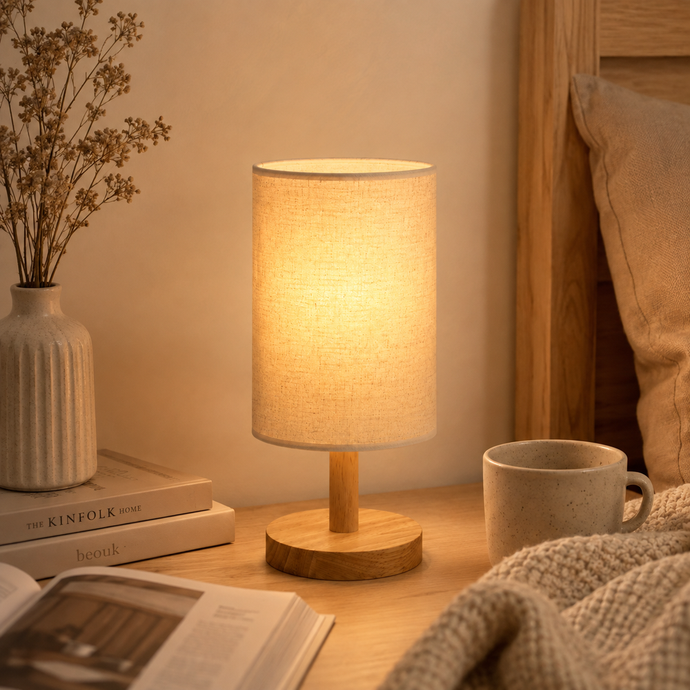 Lampe de table avec abat-jour en tissu beige et base en bois clair, allumée
