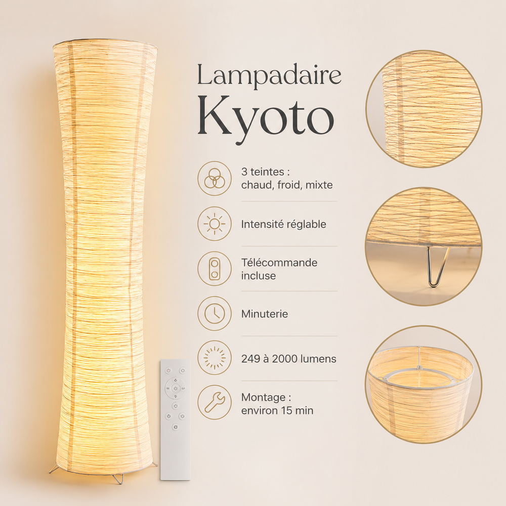 Lampadaire sur pied avec abat-jour cylindrique tissé et télécommande