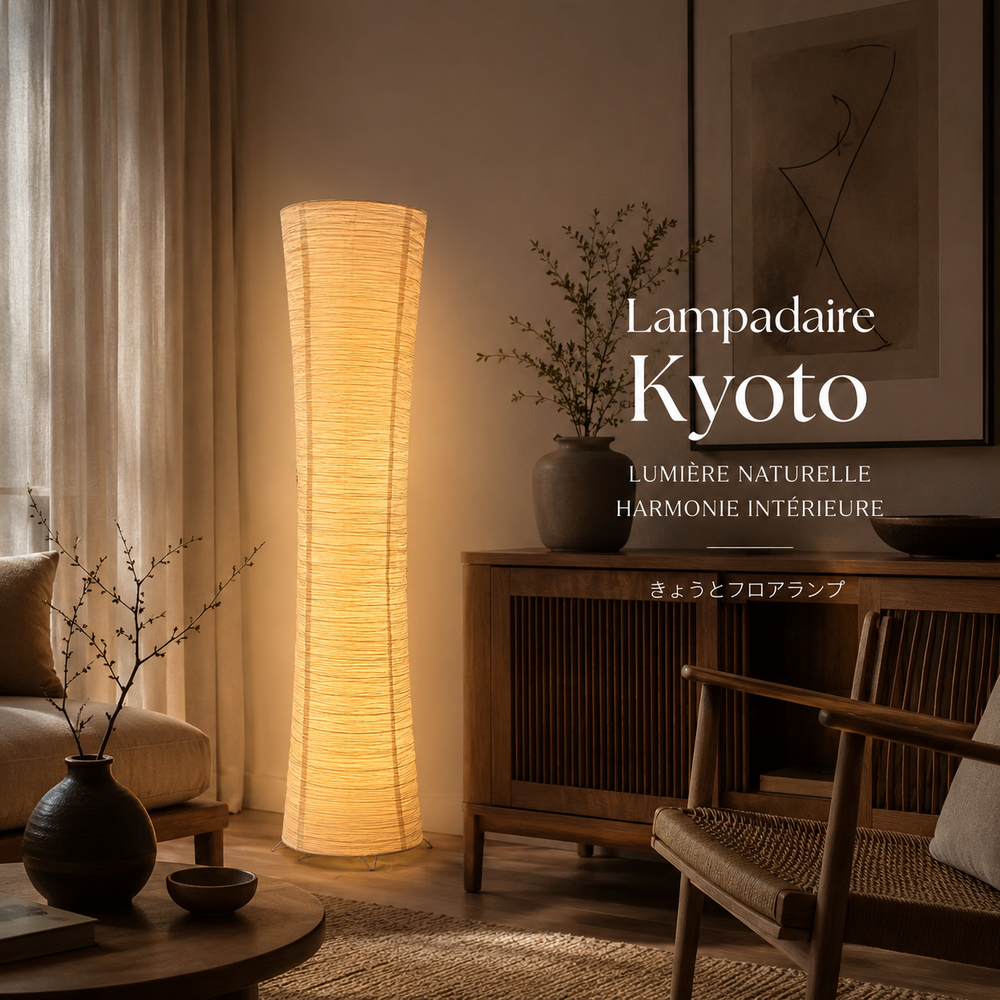 Lampadaire sur pied à abat-jour cylindrique en tissu clair, lumière douce