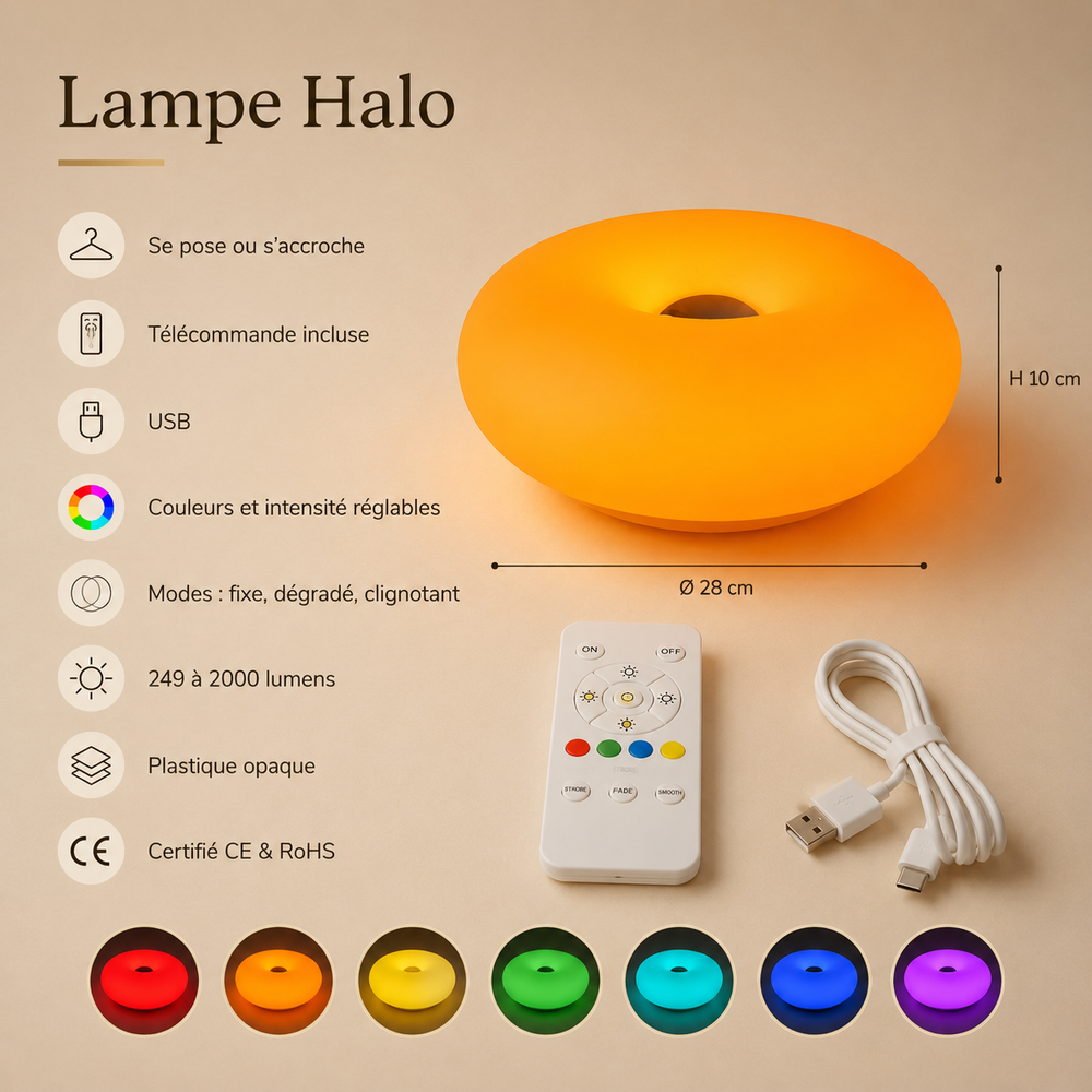Lampe Halo ronde orange avec ouverture centrale, télécommande et câble USB