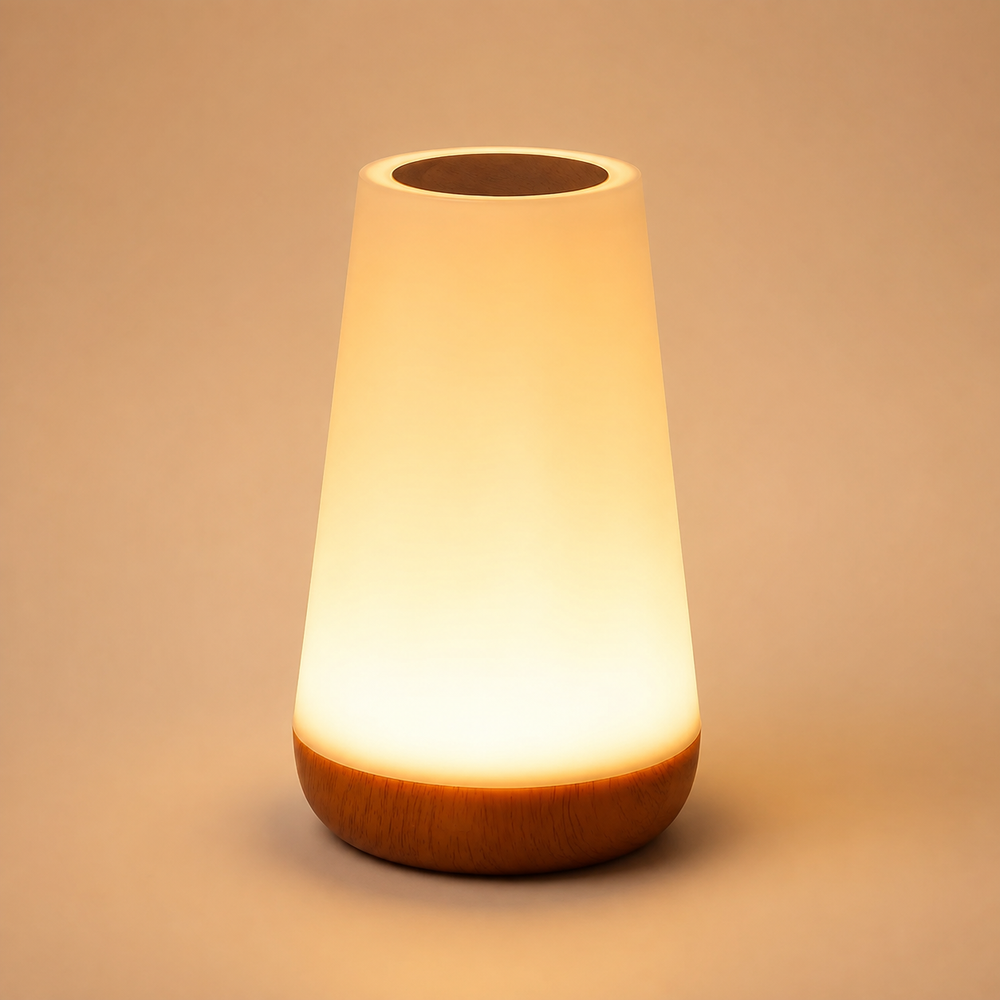 Veilleuse prisme conique blanche à base en bois, diffuseur lumineux chaud.
