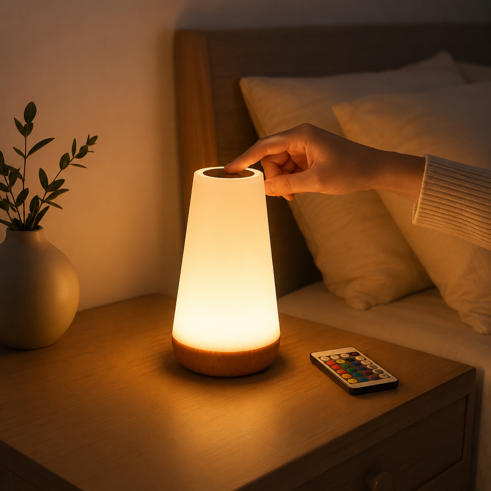 Veilleuse prisme conique blanche à base en bois, lumière chaude, commande tactile.