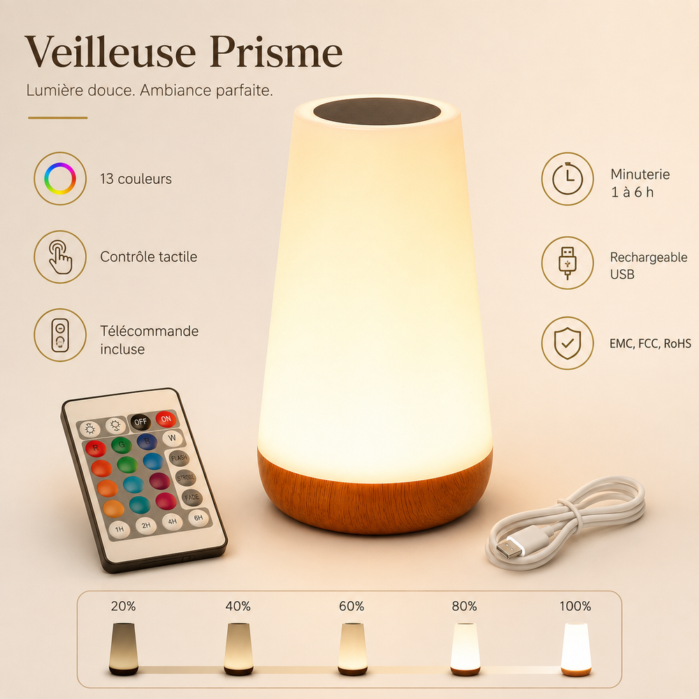 Veilleuse prisme blanche avec télécommande et câble USB, base en bois.
