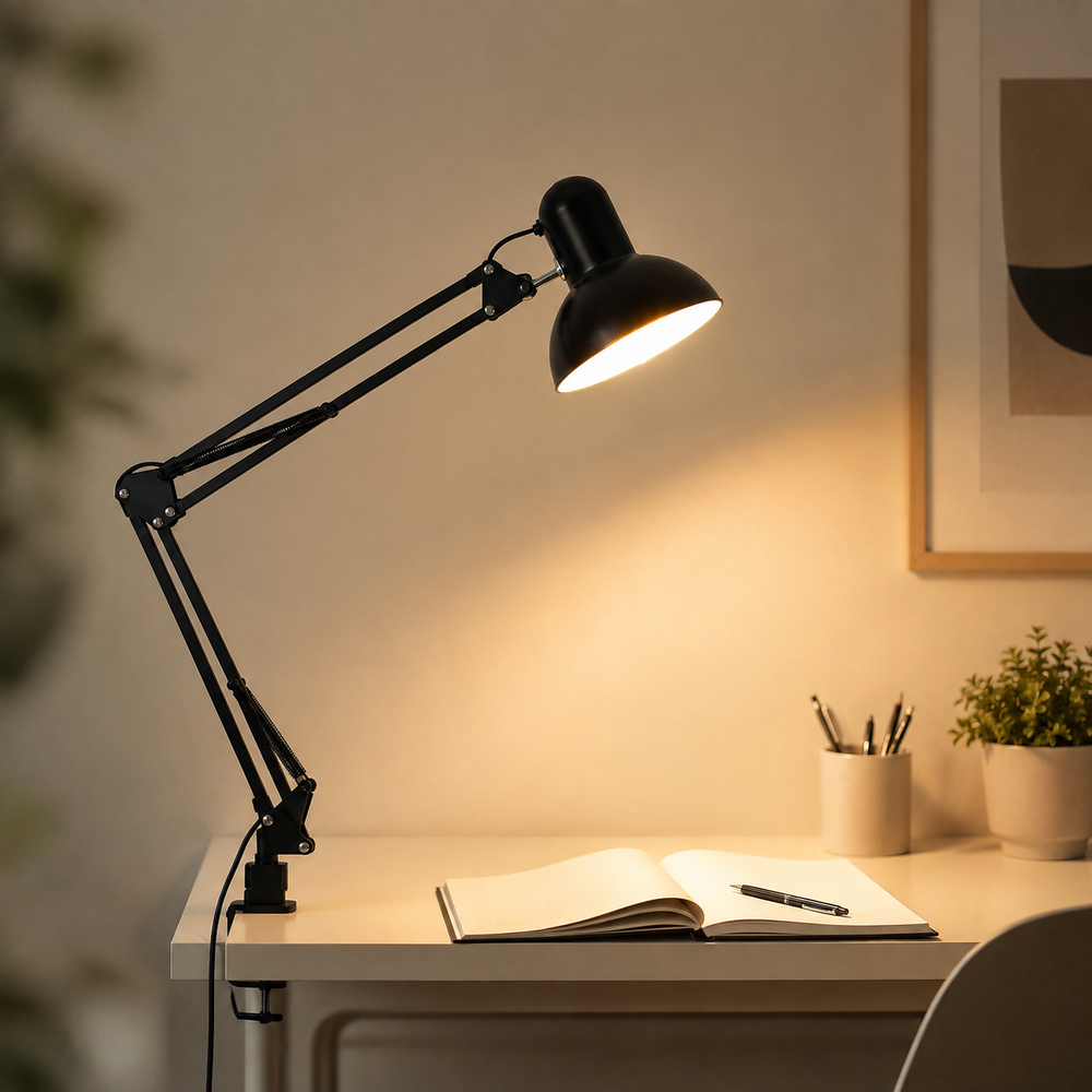 Lampe architecte noire à bras articulés, abat-jour orienté au-dessus d’un bureau