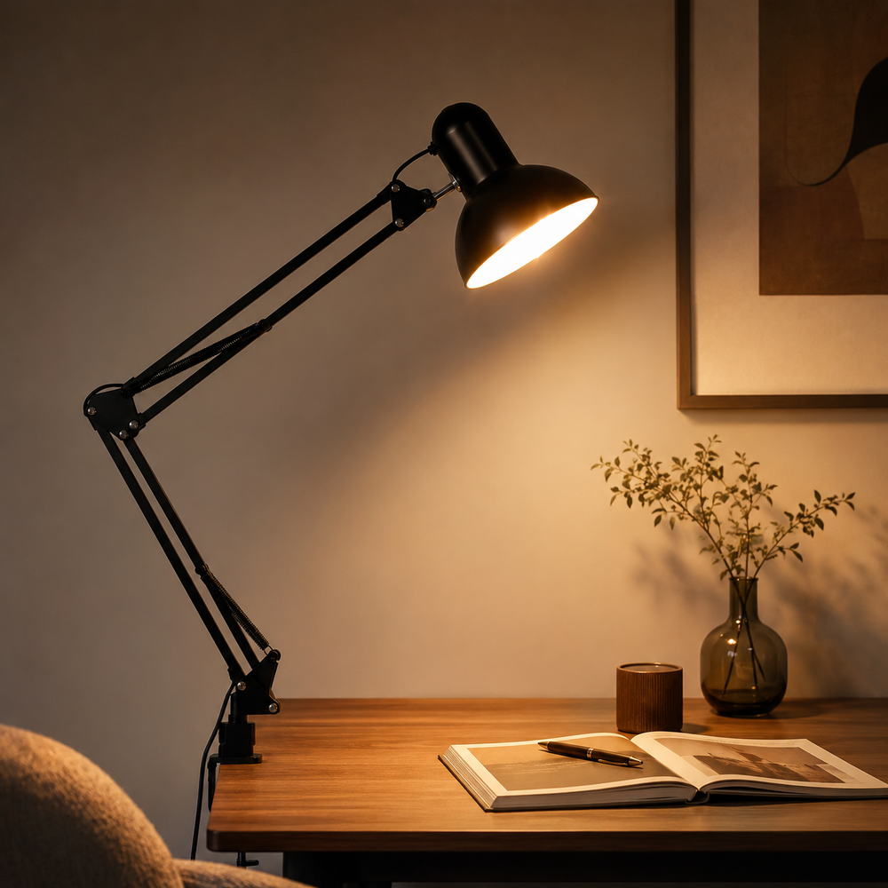 Lampe architecte noire à bras articulés et abat-jour orientable, éclairant une table