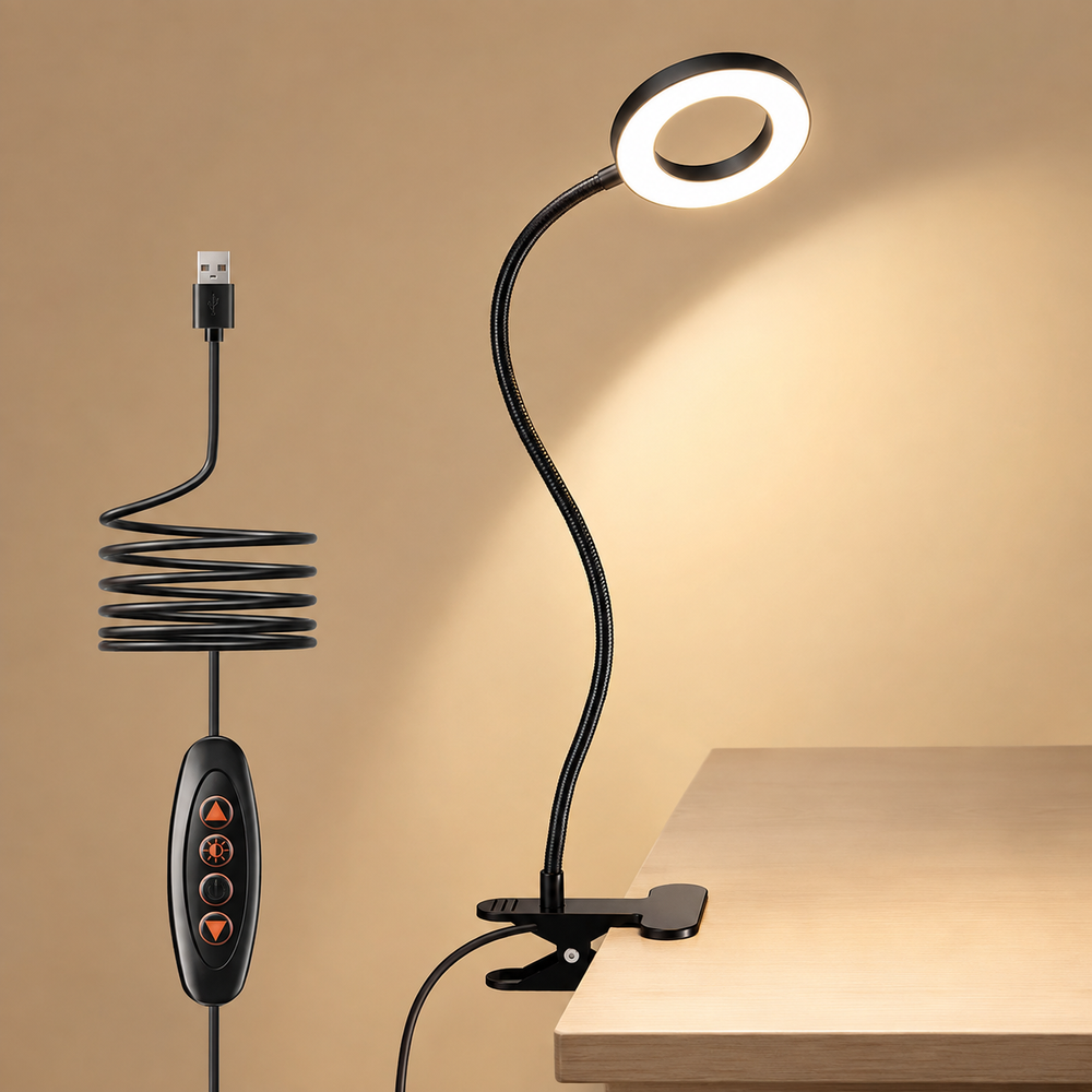 Lampe de lecture LED noire à col flexible et anneau circulaire, pince de fixation