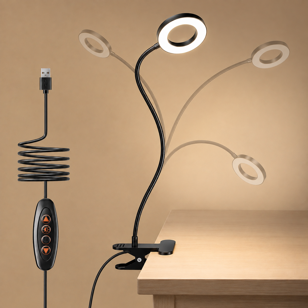 Lampe de lecture LED noire avec boîtier de commande orange et col flexible, anneau circulaire