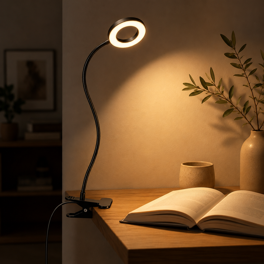 Lampe de lecture LED noire à col flexible, anneau circulaire diffusant une lumière chaude