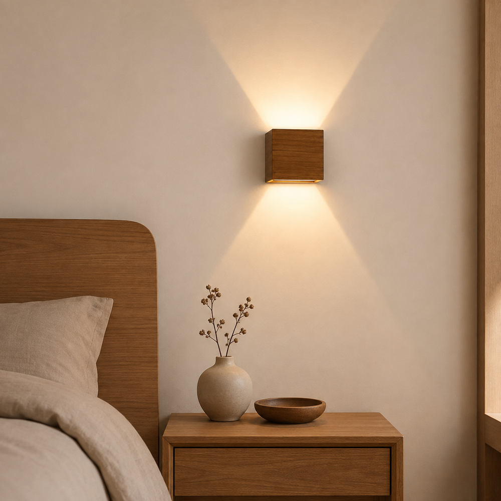 Applique murale carrée en noyer, avec diffuseur lumineux intégré vers le bas.