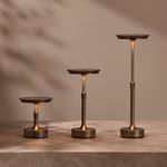 Ensemble de lampes Flambeau sur pied, bases rondes noires, tiges dorées.