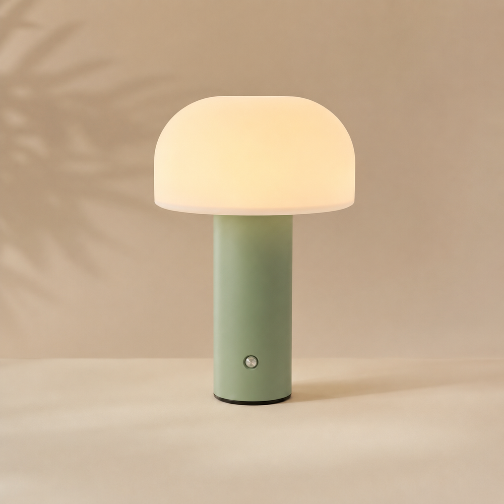 Lampe d’ambiance Portobello : abat-jour opale blanc, base cylindrique vert et bouton argent.