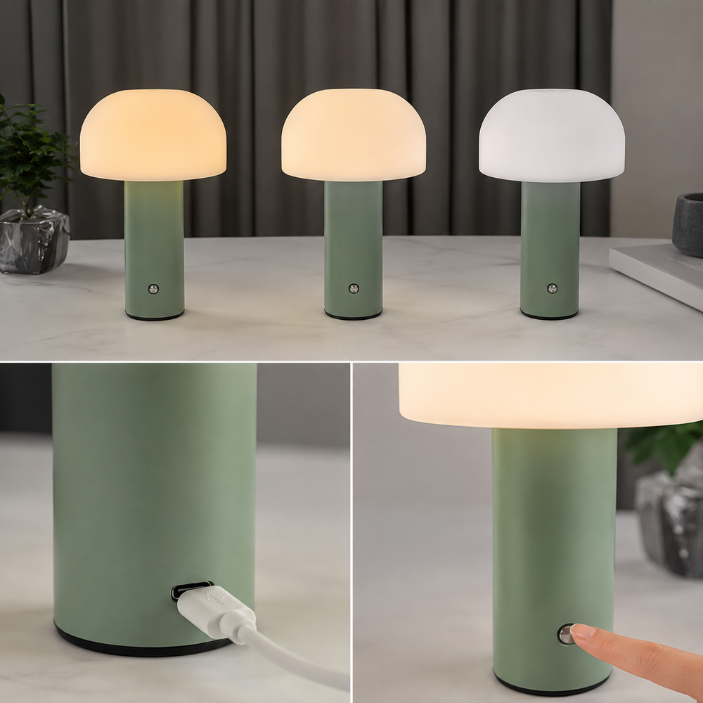 Pack de 3 lampes Portobello : abat-jour opale blanc, bases vert foncé et vert clair.