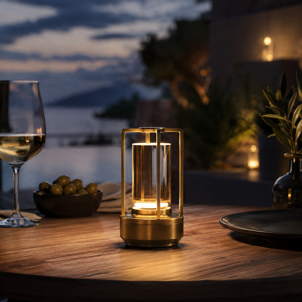 Lampe Fanal dorée sur table en bois, lanterne en verre avec cadre rectangulaire