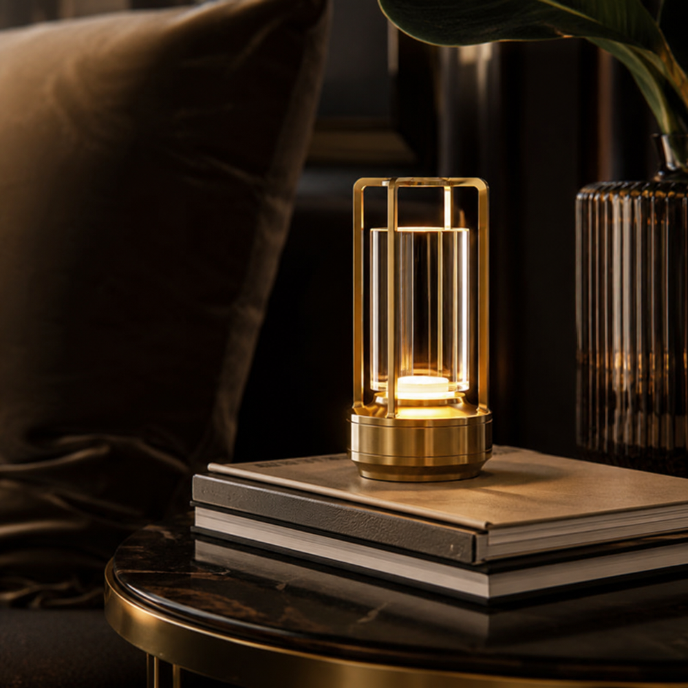 Lampe Fanal dorée sur livres, lanterne en verre rectangulaire et base cylindrique
