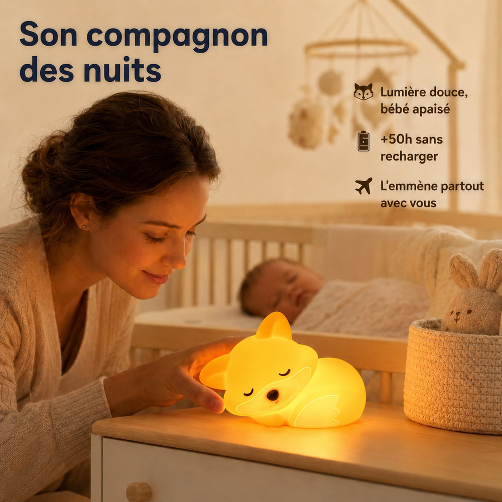 Veilleuse renard endormi pour bébé, lumière douce, format compact