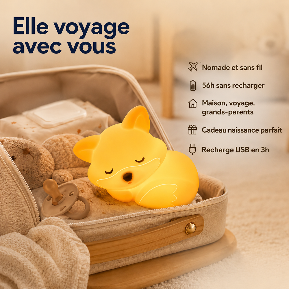 Veilleuse renard endormi nomade, lueur chaude, rechargeable USB en poche