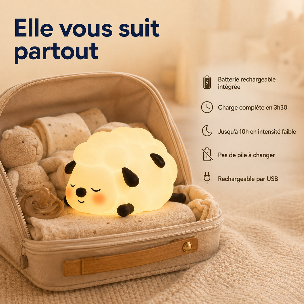 Veilleuse mouton allumée dans un panier beige, silhouette ronde avec pattes