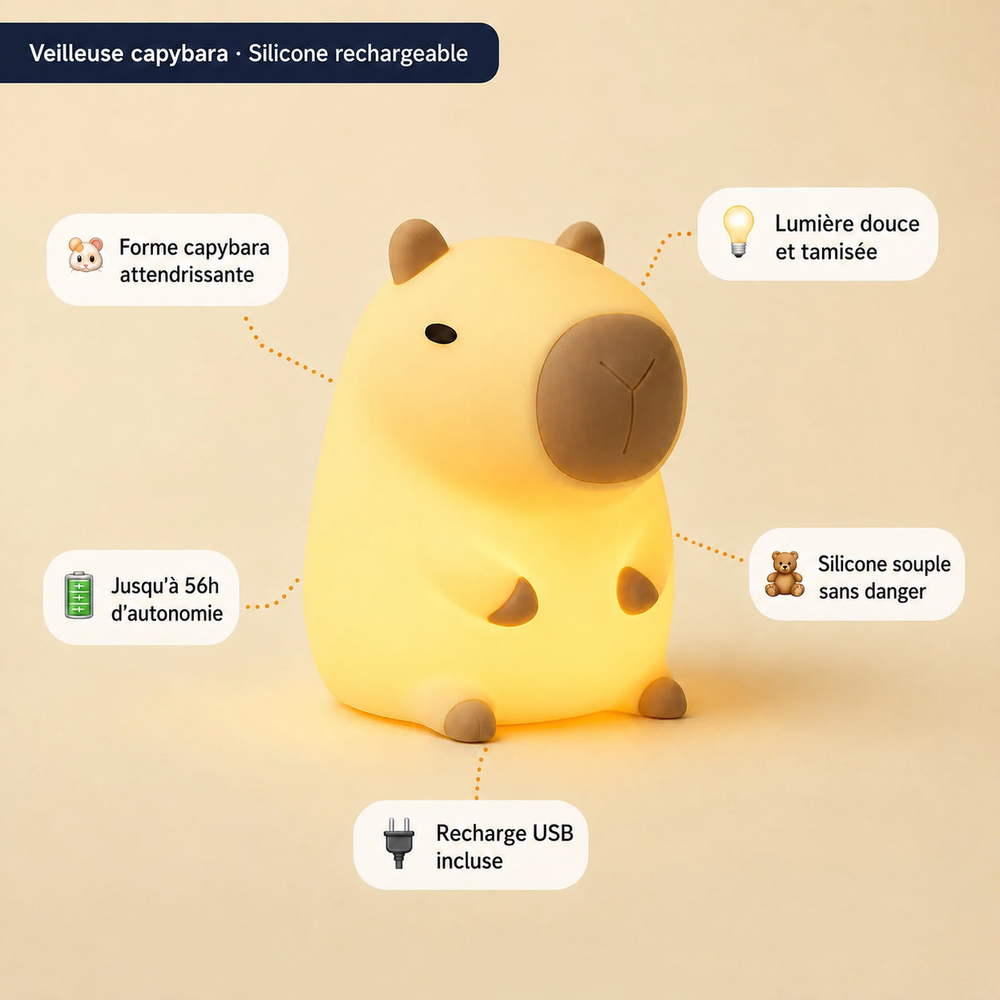 Veilleuse capybara en silicone rechargeable, lumière douce jaune, forme arrondie