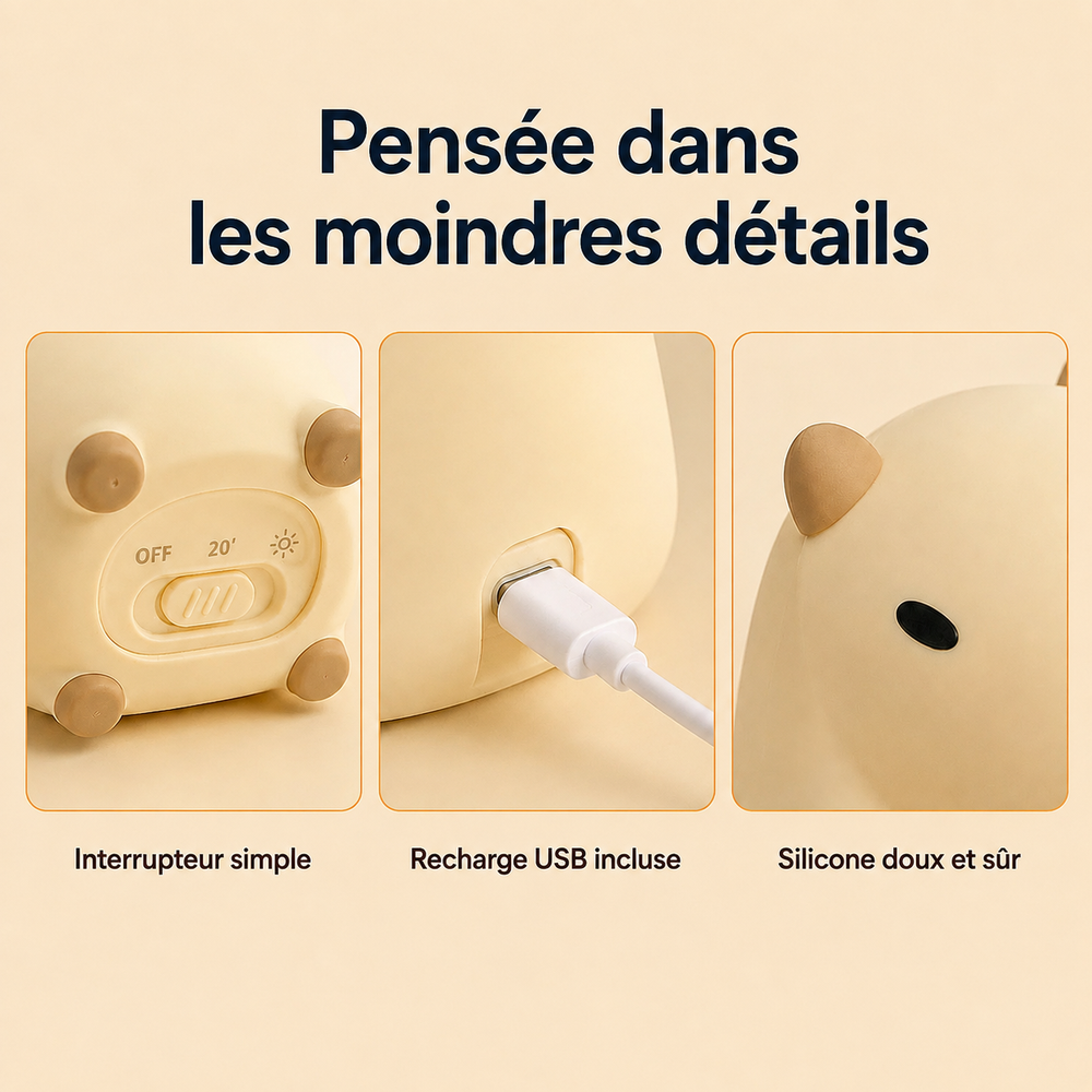 Veilleuse capybara : interrupteur et port de recharge USB, détails des commandes