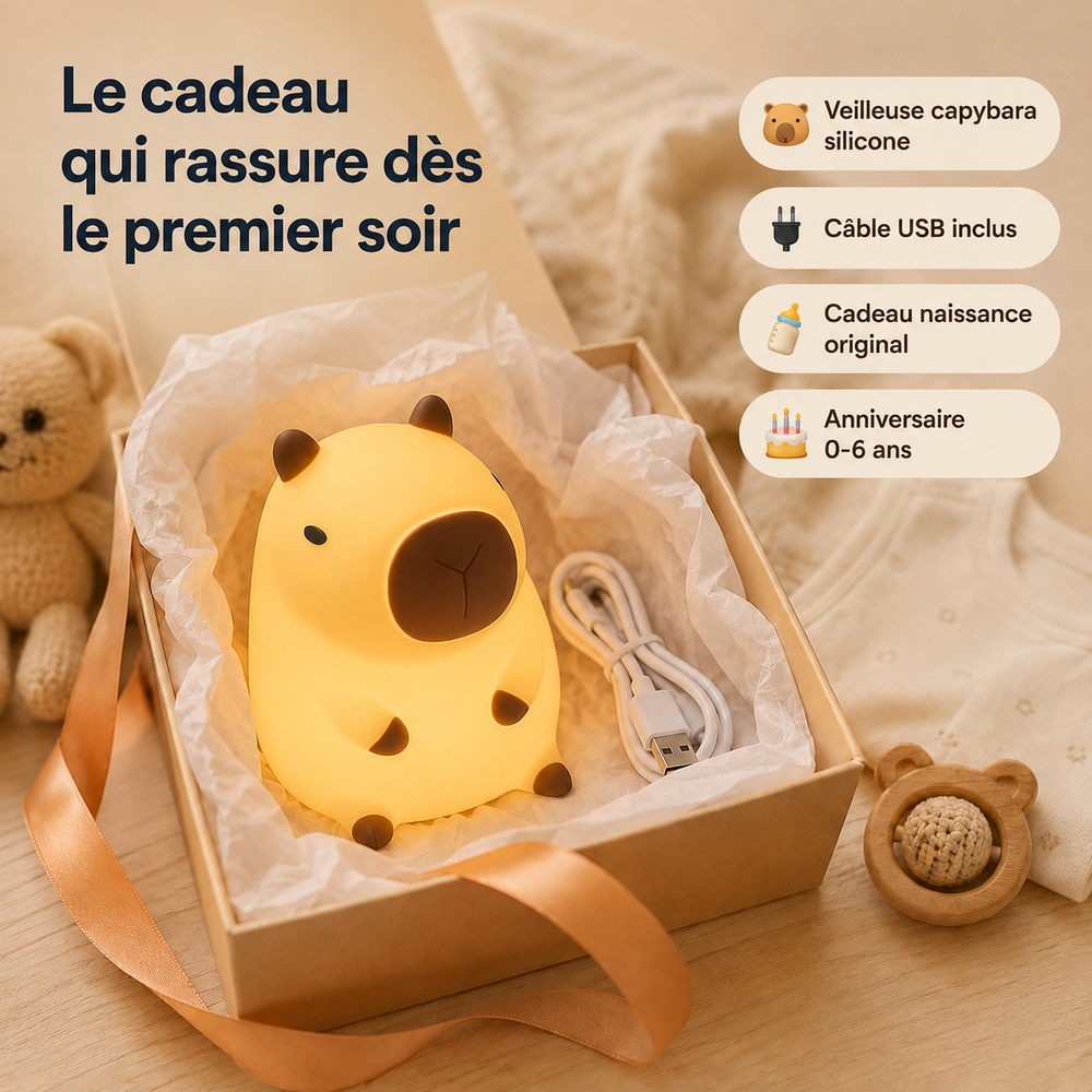Veilleuse capybara en silicone dans une boîte, câble USB inclus