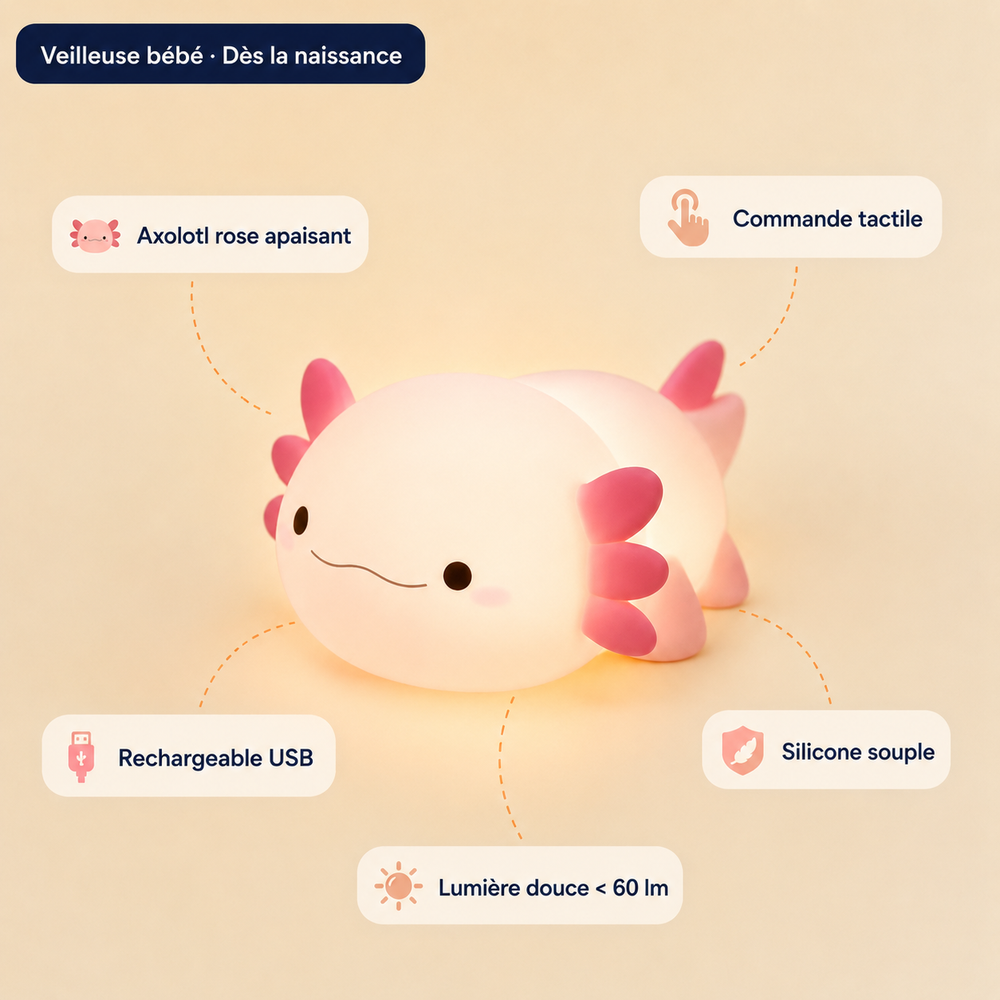 Veilleuse bébé axolotl blanche, lumière douce, rechargeable USB, commande tactile