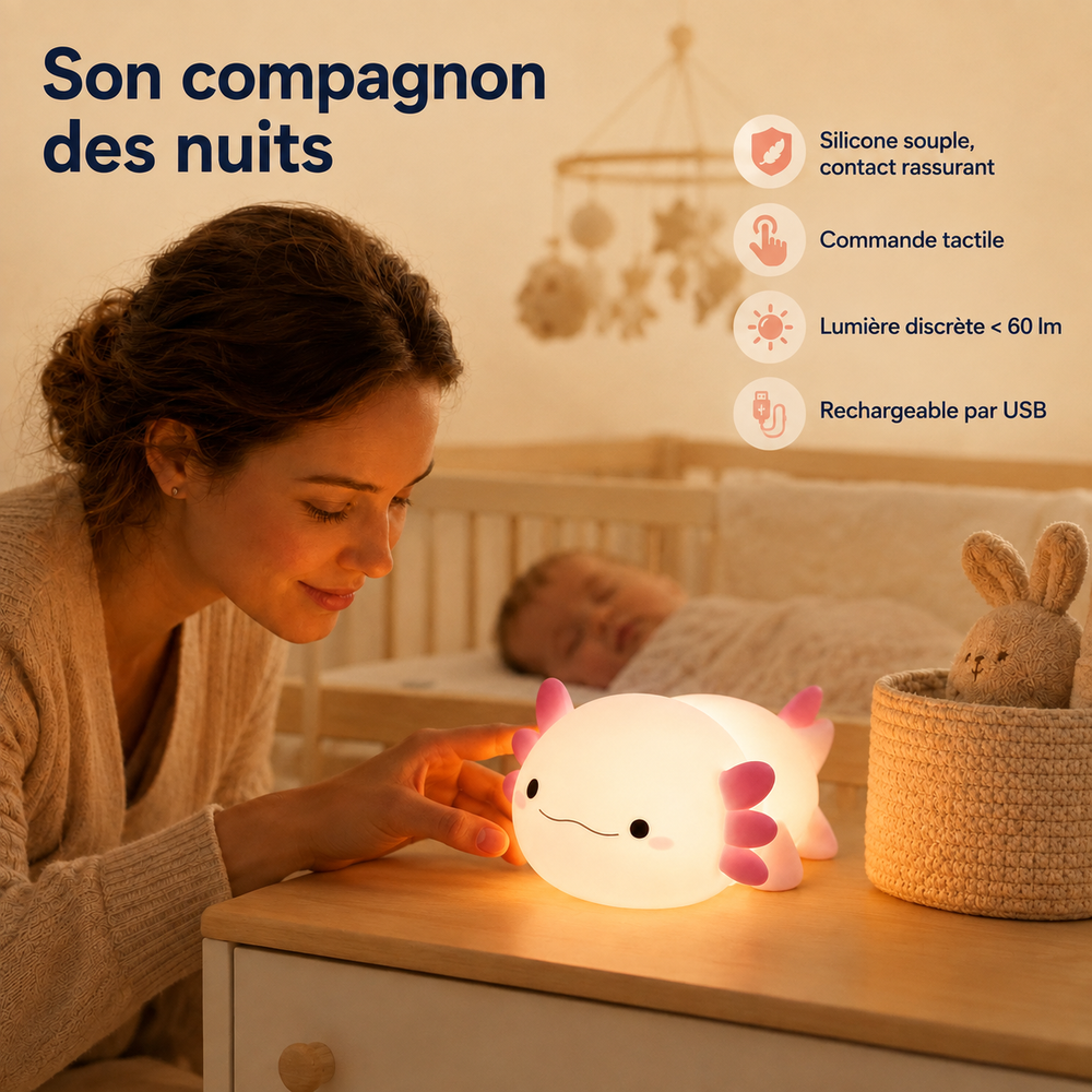 Veilleuse axolotl blanche en silicone souple, commande tactile, lumière discrète
