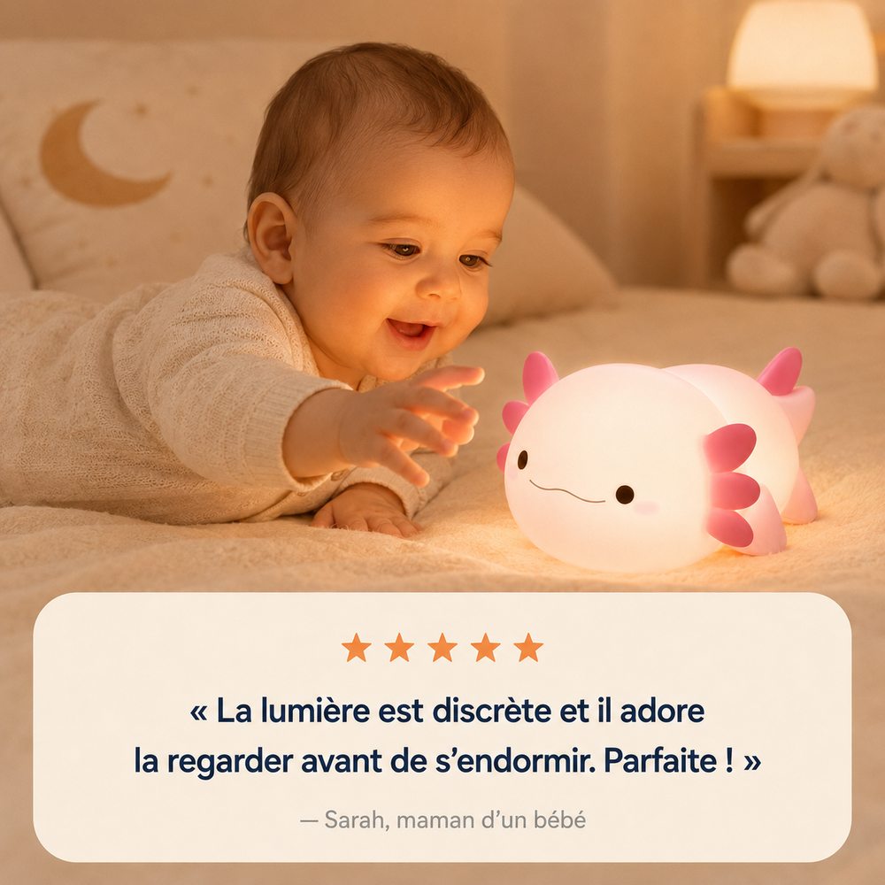 Veilleuse axolotl blanche allumée, lumière discrète, forme arrondie