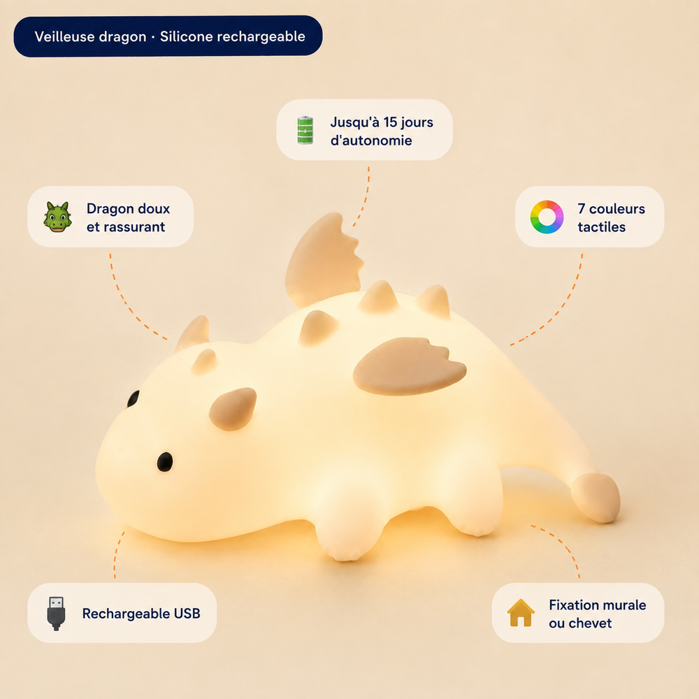 Veilleuse en silicone en forme de dragonnet, lumière chaude douce et tactile.
