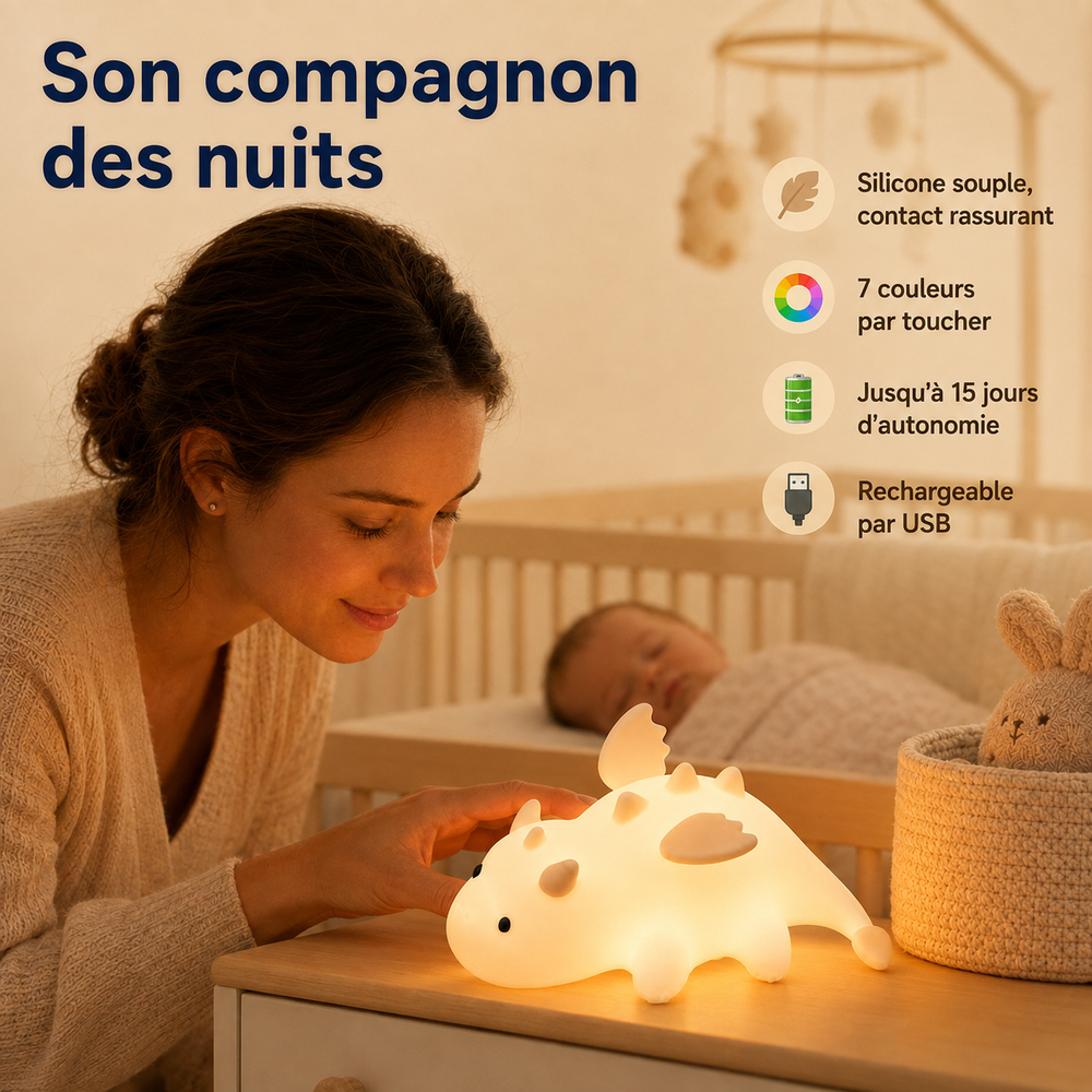 Veilleuse dragonnet en silicone blanc, contours arrondis et point lumineux doux.