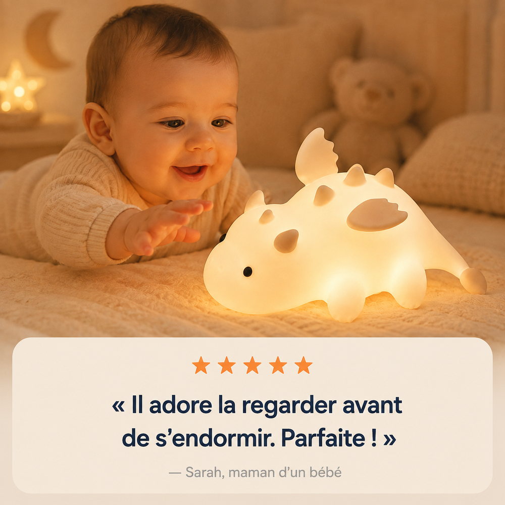 Veilleuse dragonnet en silicone blanc, lumière chaude diffuse, silhouette arrondie.