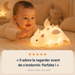 Veilleuse dragonnet en silicone blanc, lumière chaude diffuse, silhouette arrondie.