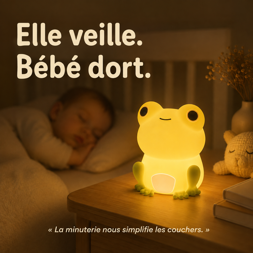 Veilleuse grenouille jaune avec lumière chaude douce, posée sur une table de nuit