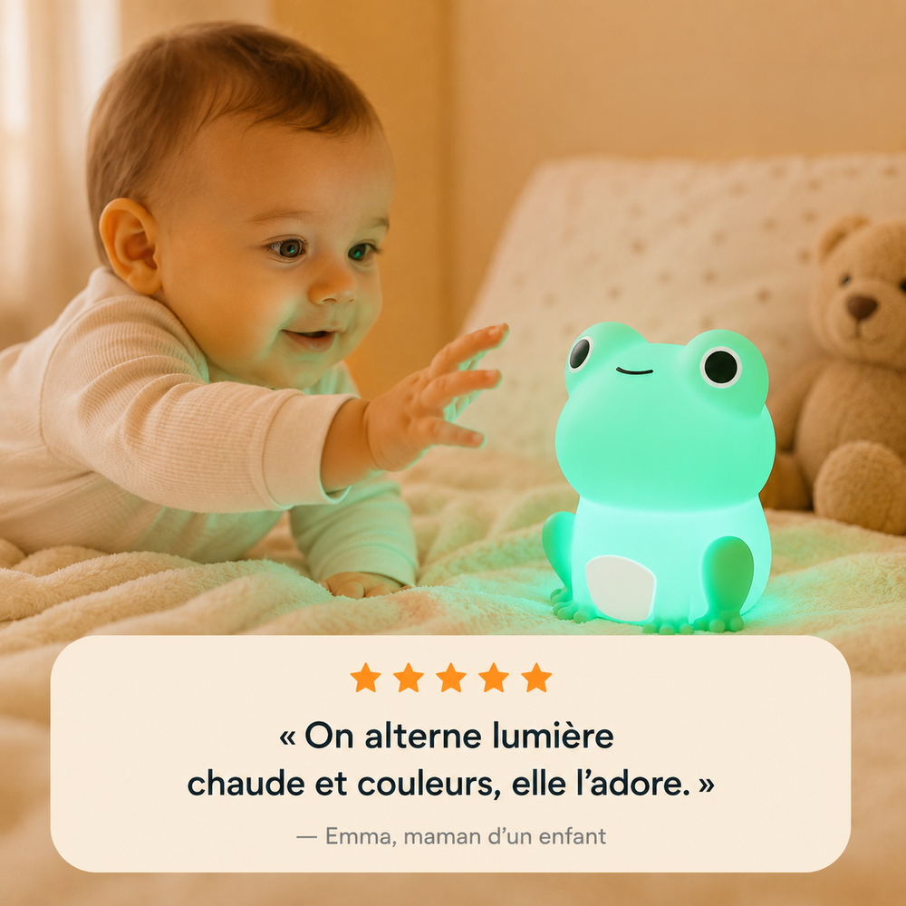 Veilleuse grenouille verte allumée, silicone souple, lumière chaude