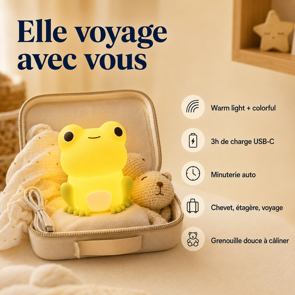 Veilleuse grenouille jaune dans une trousse de voyage, lumière warm et multicolore