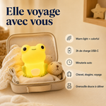 Veilleuse grenouille jaune dans une trousse de voyage, lumière warm et multicolore