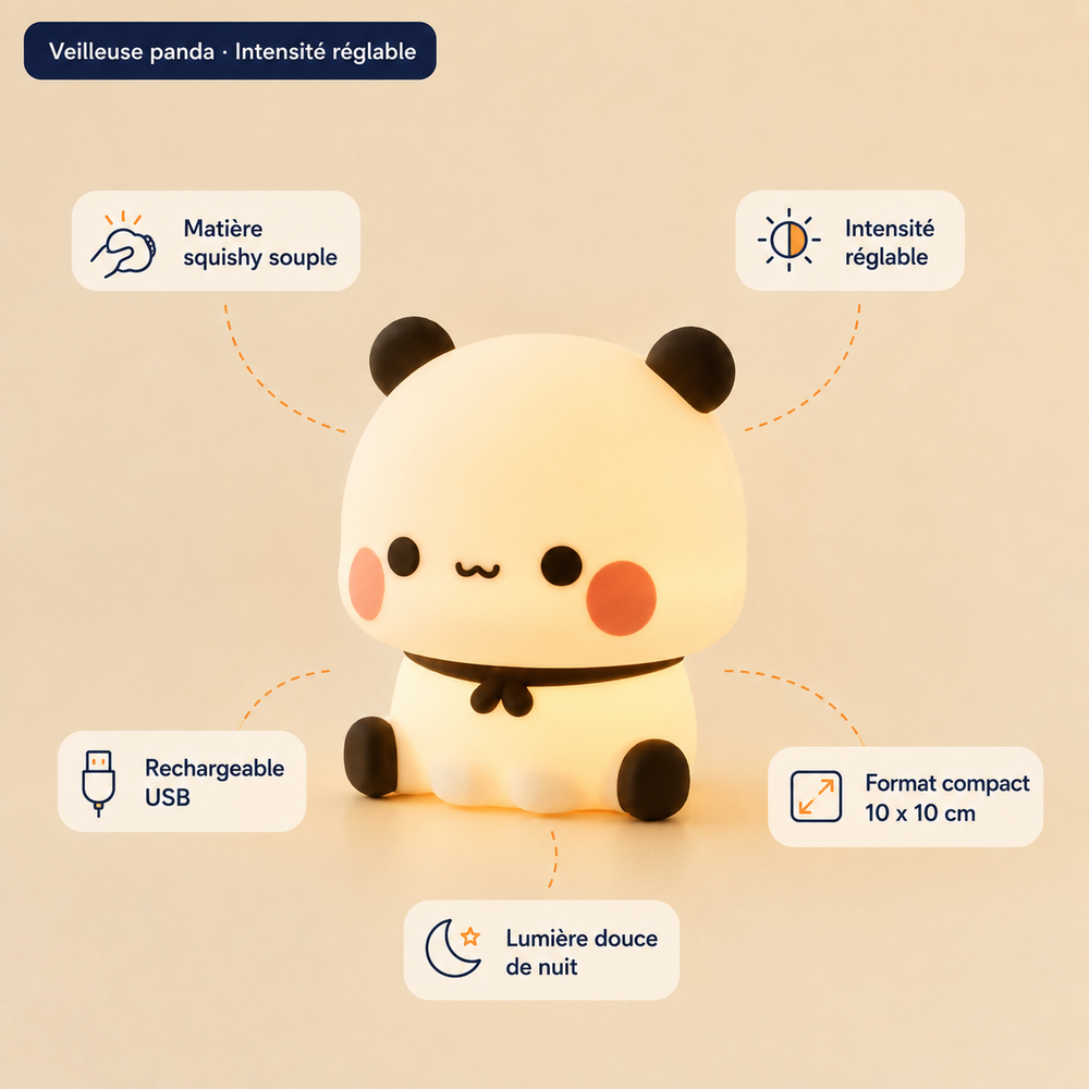 Veilleuse panda lumineuse avec intensité réglable, rechargeable USB et format compact 10×10 cm.