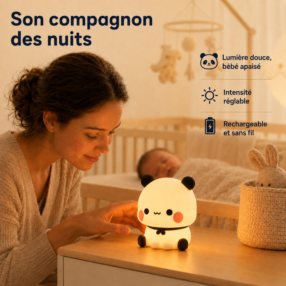 Veilleuse panda compacte : lumière douce, intensité réglable et rechargeable sans fil.