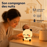 Veilleuse panda compacte : lumière douce, intensité réglable et rechargeable sans fil.