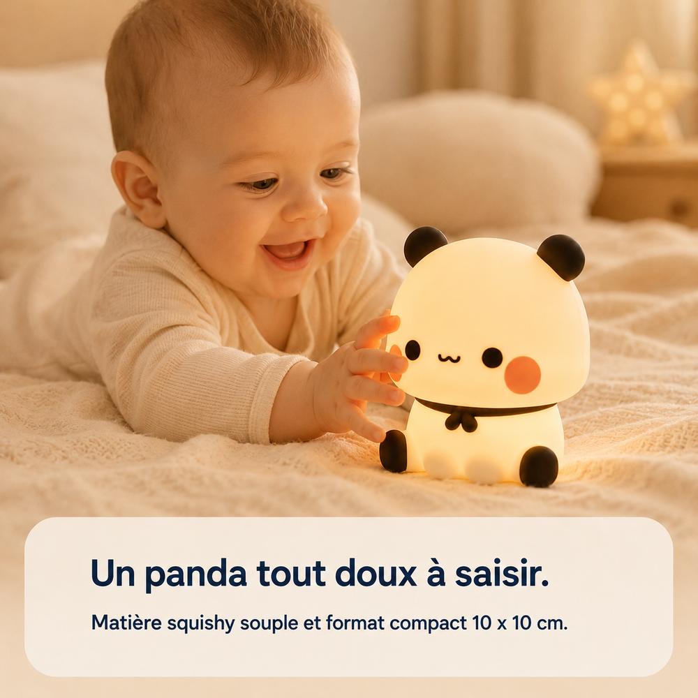 Veilleuse panda squishy souple à saisir, lumière douce, format compact 10×10 cm.