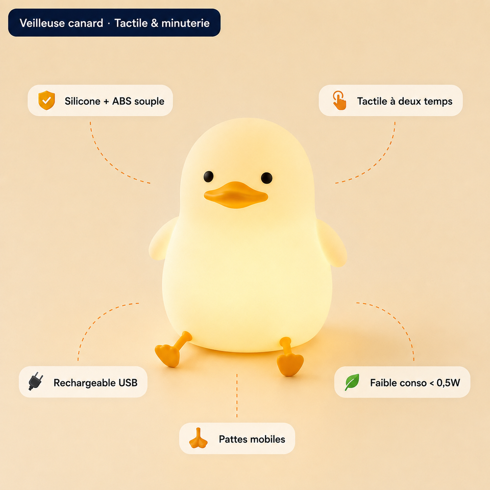 Veilleuse canard jaune pâle, forme ronde lumineuse avec pattes et bec orange.