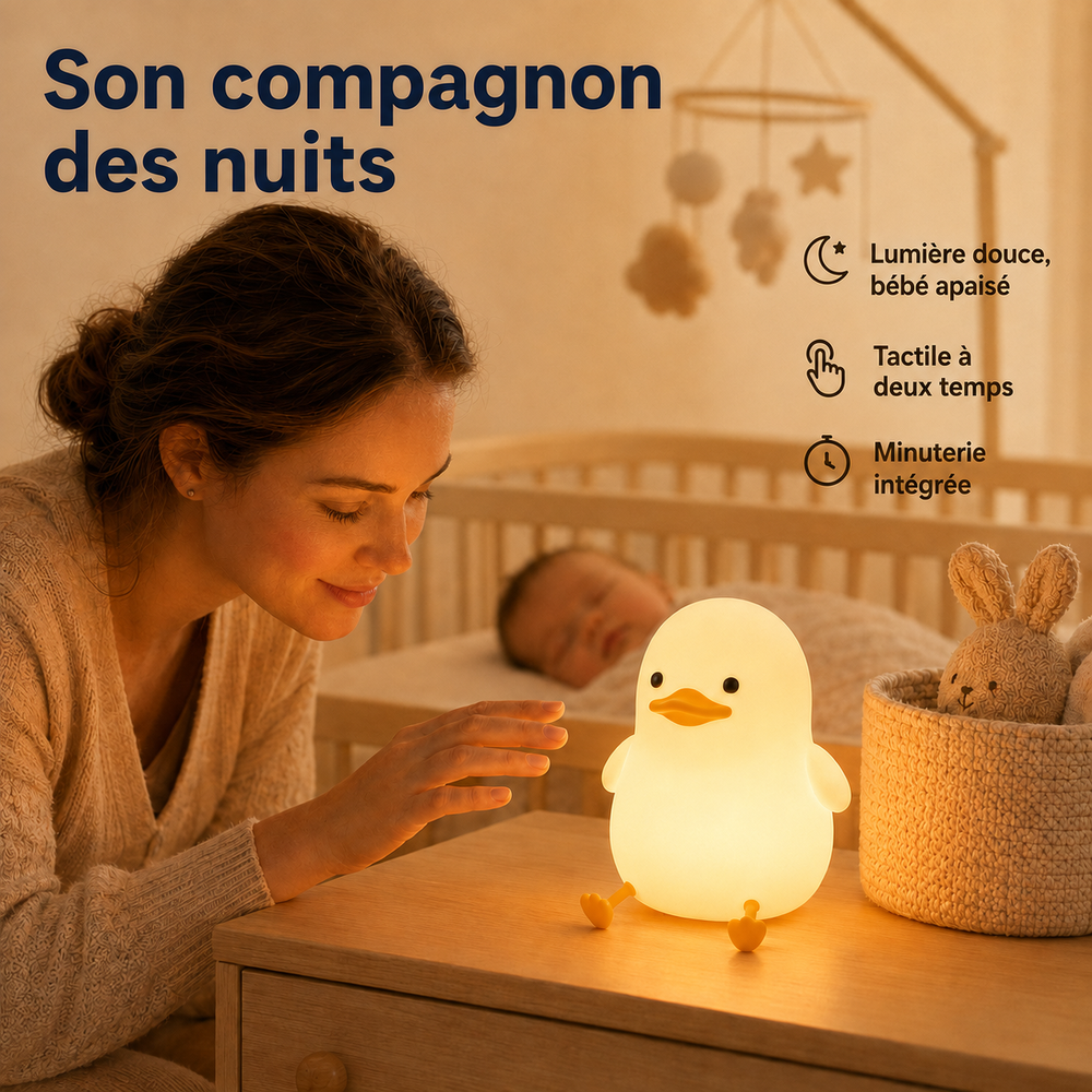 Veilleuse canard en forme de caneton, lumière douce allumée sur table de nuit.