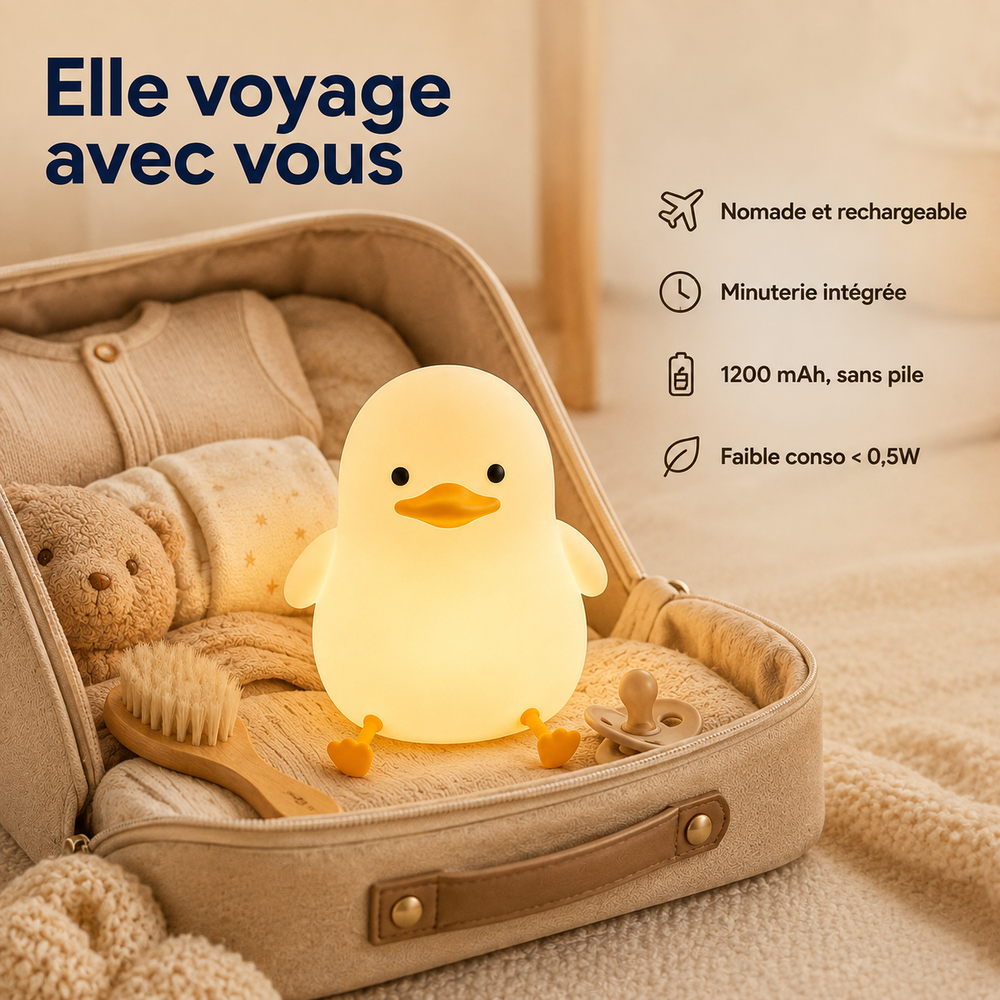 Veilleuse canard dans un coffret de voyage, lumière allumée et petites pattes.